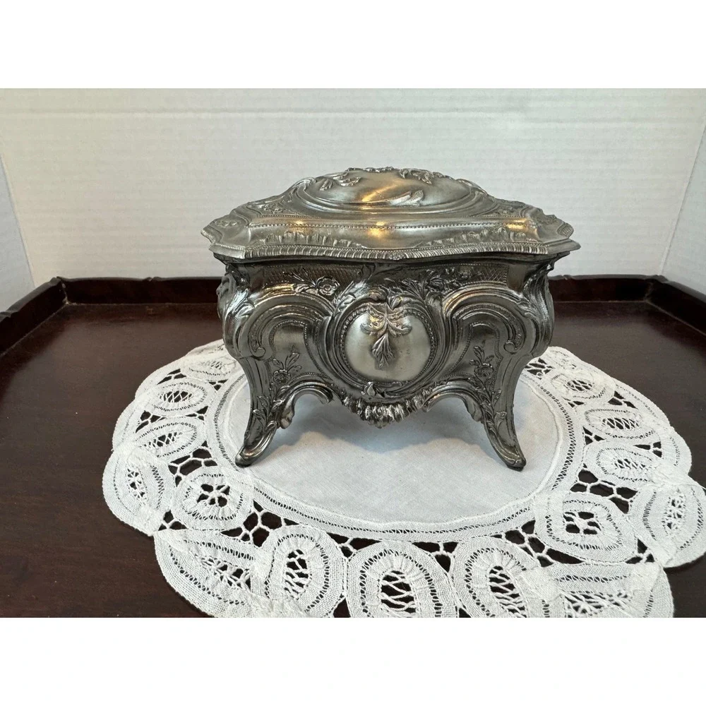 Vintage Ornate Silver Tone Footed Jewelry Casket Box Red Velvet Lining Rococo